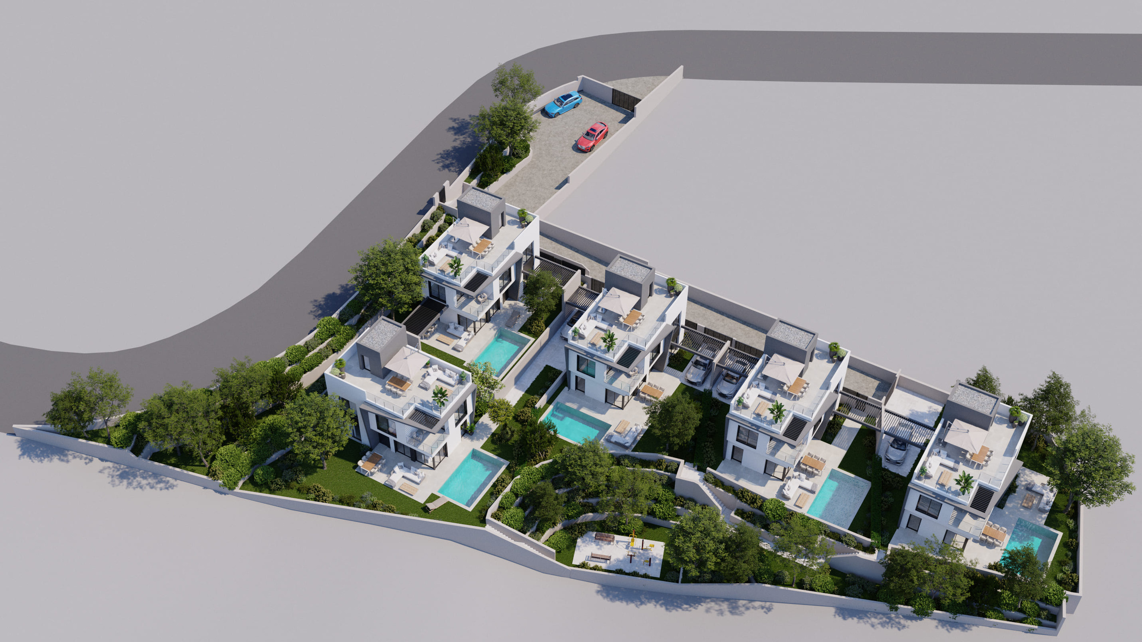 Alonis Villas — architectural render of the 5-villa complex with private pools (Villajoyosa)